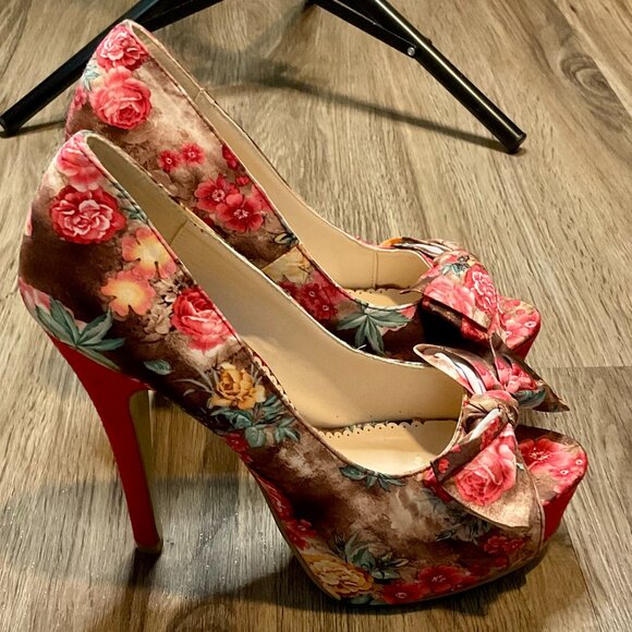 ANNA Five Inch Platform Floral Print Velvet Stilletos Heels Open Toe Bow Size 10 - Picture 1 of 13